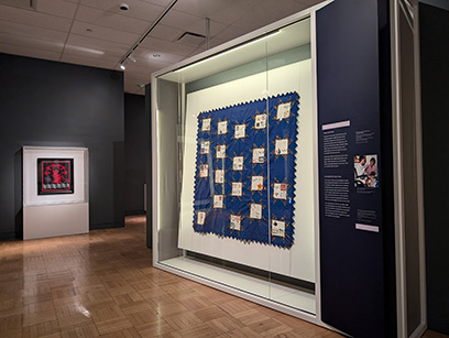 Quilt_at_ROM_PXL_20240626_193457824-Edit An image of the quilt from Casey House hanging in a protected glass case at the ROM. The quilt is navy with light colored squares. The photo is on an angle so the content of the squares cannot be determined.